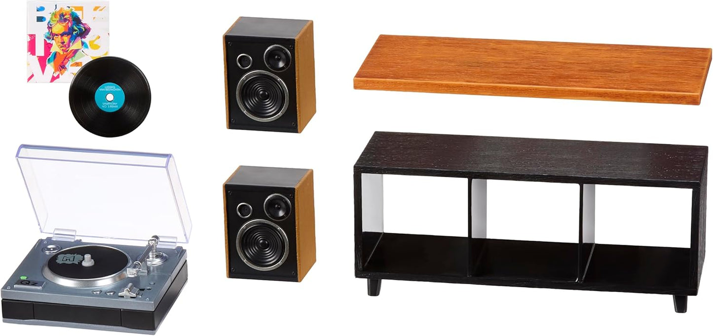 MGA’s Miniverse Real Music Mini Record Player Collectable - Mini Record Player with 1 Vinyl, Furniture Piece and Speakers, Compatible with Miniverse Vinyl